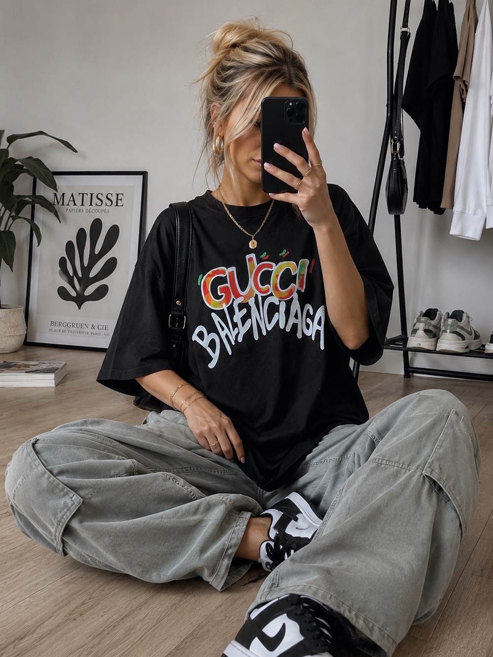 Balenciaga Black Short Sleeve Graphic Tee with Multicolor Logo